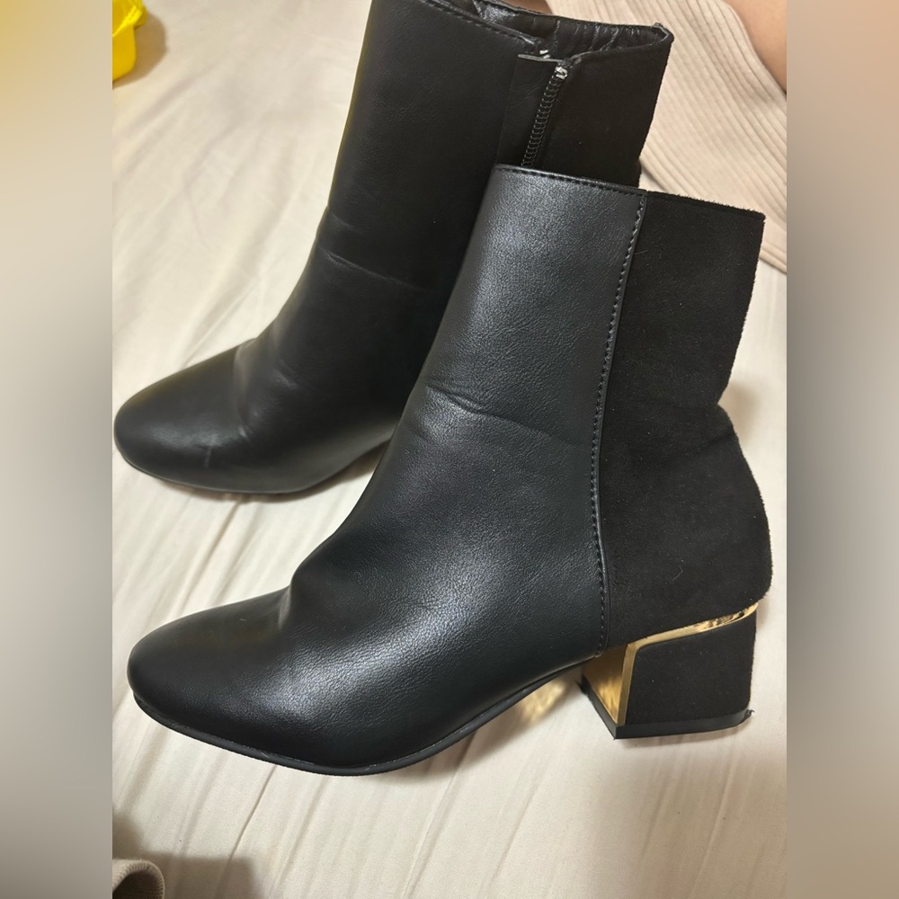 Black Leather Ankle Boots with Gold Heel